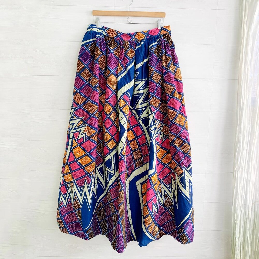Bold Pink & Blue Patterned A-Line Maxi Skirt